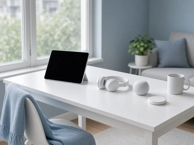 A white desk with a blank tablet, white headphones, a small speaker, and a blue throw