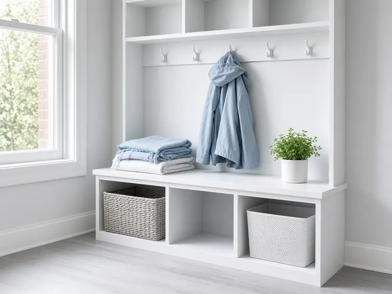 A white mudroom with a light-blue jacket on a hook and soft throws on a bench