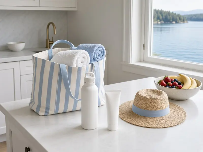 A white kitchen island with a striped tote, folded towels, and a sun hat, with a lake through the window