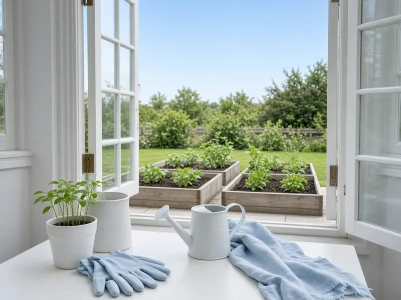 A white sunroom looking out to raised garden beds under a blue sky