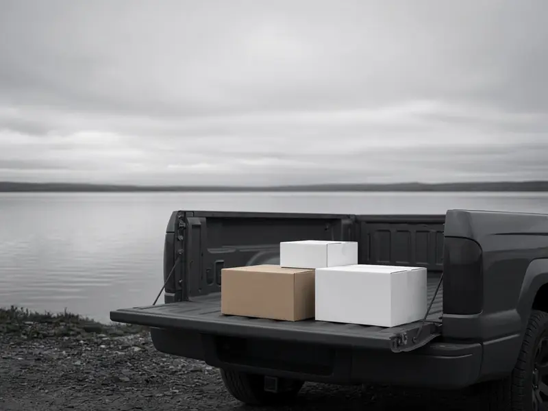 Plain white and kraft boxes on the open tailgate of a dark grey pickup by a lake