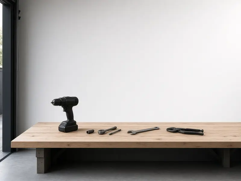 A light wood workbench against a white wall with a black cordless drill and a few hand tools