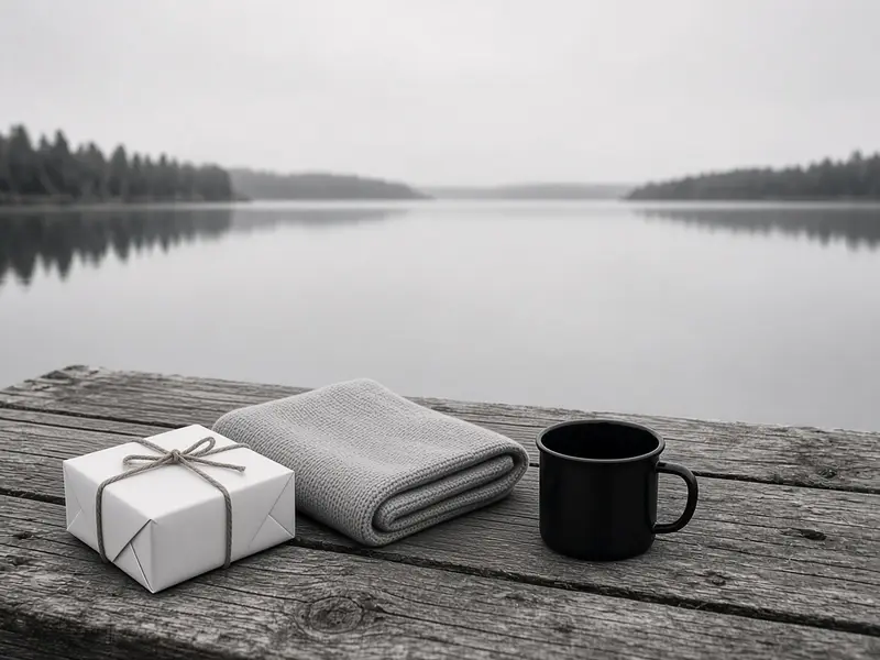 A small box wrapped in white paper and twine, a folded grey knit blanket, and a black enamel mug on a weathered dock by a misty lake