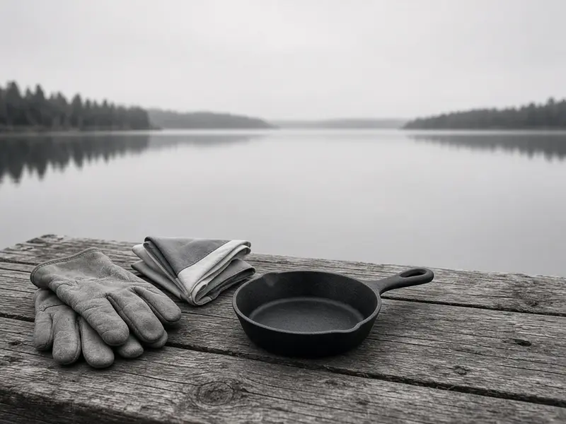 Leather work gloves, a folded cloth, and a cast iron skillet on a weathered dock by a calm lake
