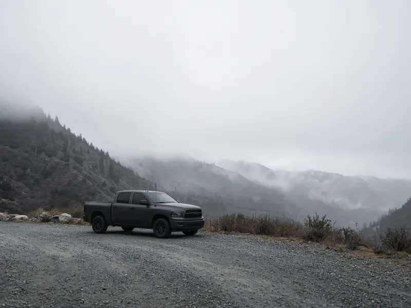 A dark grey pickup parked at a gravel trailhead below misty mountains