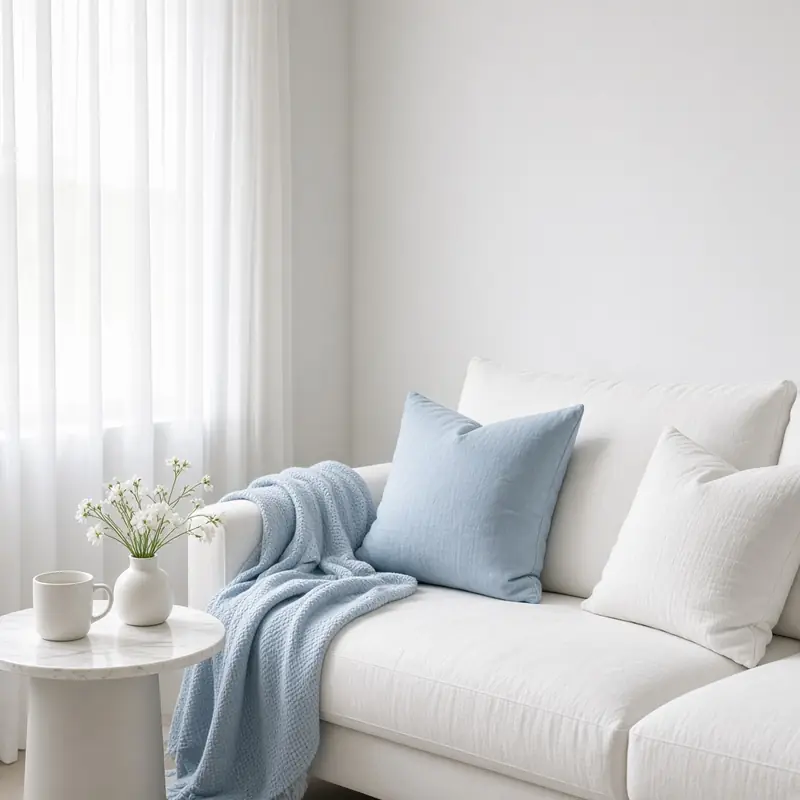 A white sofa with a light-blue pillow and throw in soft window light behind sheer curtains